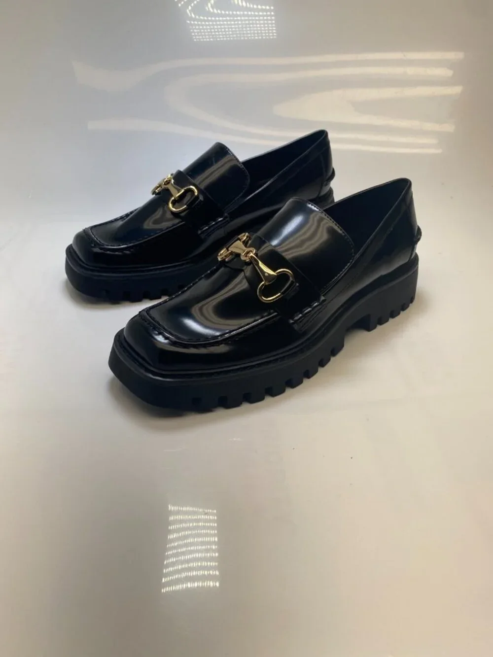 Open Edit Women's Black Lug Patent Leather Gold Hardware Loafer Sz 9m
